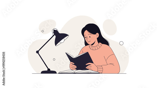 Woman reading book under desk lamp, focused study, knowledge and learning concept
