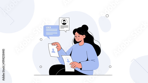 Woman reviewing job applications, hiring process, candidate selection