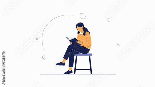 Woman Reading Book Sitting on Stool Flat Design Illustration