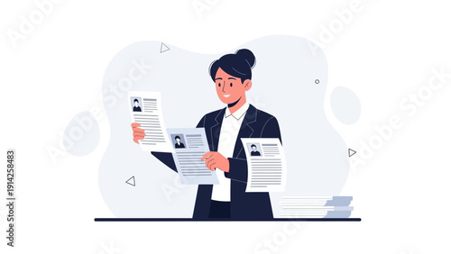 Woman reviewing resumes, job hiring, recruitment, HR, career choice, business concept