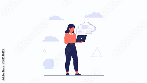 Woman using laptop with cloud computing concept illustration
