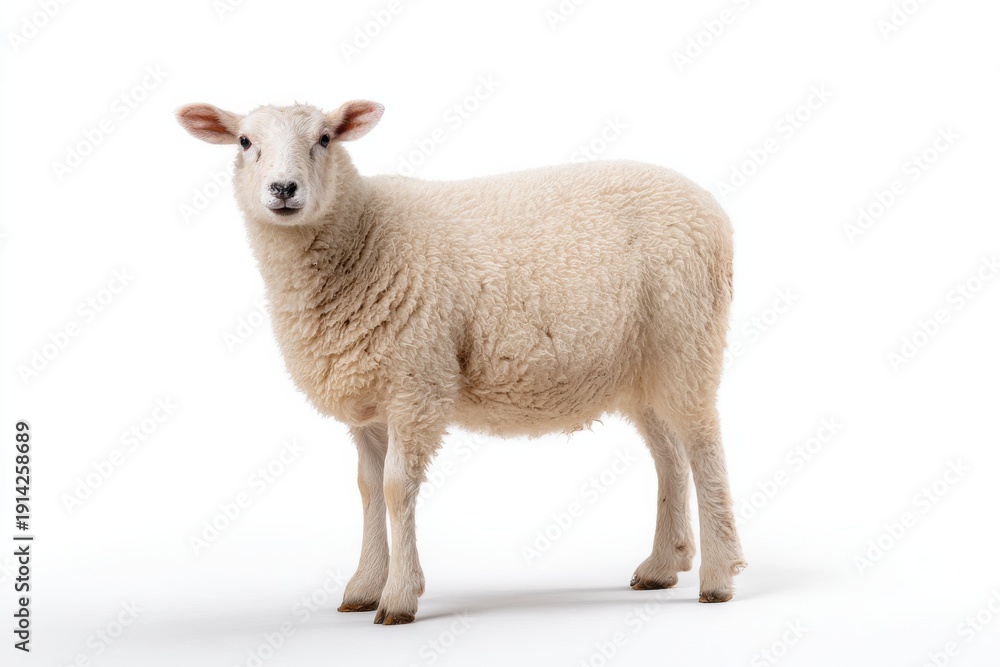 Fototapeta premium Fluffy white sheep standing on white background