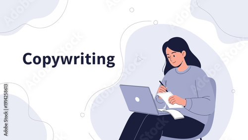 Woman Writing Copywriting on Laptop, Content Creation, Digital Marketing Strategy