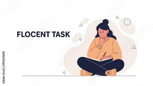 Woman Writing in Notebook, Studying, Learning, Creative Process, Minimalist Flat Design