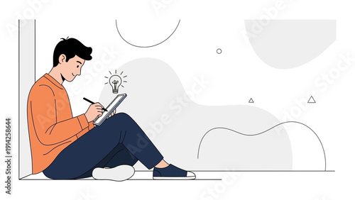 Young man drawing on tablet, brainstorming idea with lightbulb, modern flat illustration