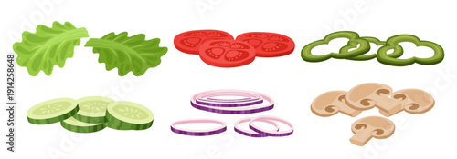Cartoon burger and sandwich constructor ingredients. Veggies, greens and mushroom, fast food sliced veggies flat vector illustration set. Ingredients for burger