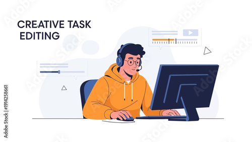 Young man editing video on computer, creative task, online work, modern illustration