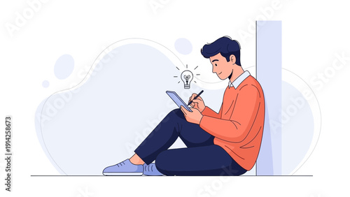 Young man drawing on tablet, creative idea lightbulb inspiration, freelance artist