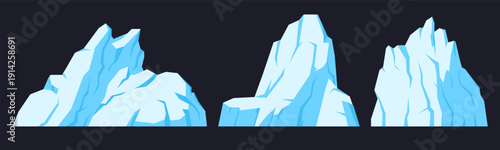 Cartoon frozen glaciers. Ice antarctic icebergs, huge snowy mountains and cracked ice rocks flat vector illustration set. Snow icebergs on dark background