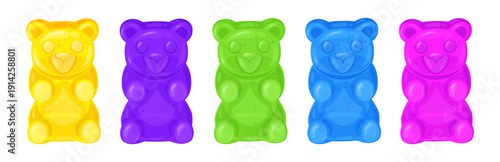Cartoon gummy bears. Chewy jelly candy, fruity multi colored sweets in shape of bear flat vector illustration set. Cute gummy bears collection on white