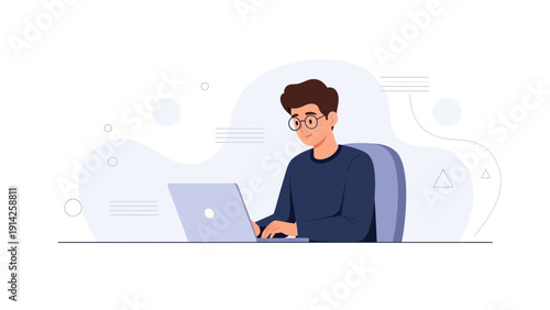Young man with glasses working on a laptop, modern flat illustration