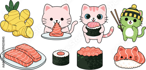Cute cats with sushi vector set. Kawaii kittens holding salmon nigiri and rolls. Adorable Japanese food cartoon illustration.