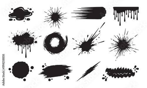 Black Ink Splatter Set Grunge Paint Splash Brush Stroke Collection Design