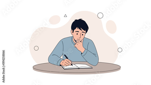 Young man writing in notebook, deep in thought, creative process, study