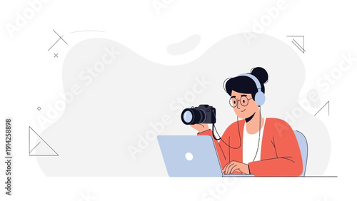 Young person with camera and headphones working on laptop, graphic illustration