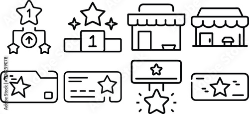 Vip icons set: crown, diamond, star, medal, gift, card in simple black line style
A set of vector black and white medals with ribbons. Sports and gaming awards, including a third-place medal for color