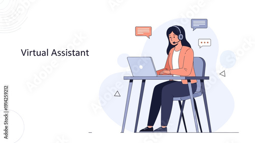 Virtual Assistant Working on Laptop with Headset, Customer Support Concept