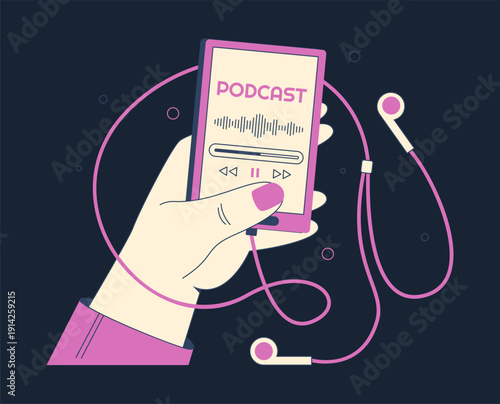 Podcast app on smartphone. Audio podcast listening, hand holding gadget with audio broadcast flat vector illustration. Podcast recording concept