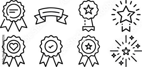 Vip icons set: crown, diamond, star, medal, gift, card in simple black line style
A set of vector black and white medals with ribbons. Sports and gaming awards, including a third-place medal for color