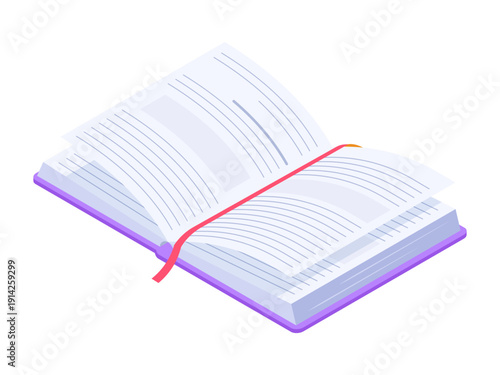 Open book. Isometric textbook, educational or fantasy literature, encyclopedia, open textbook 3d vector illustration. Book on white background