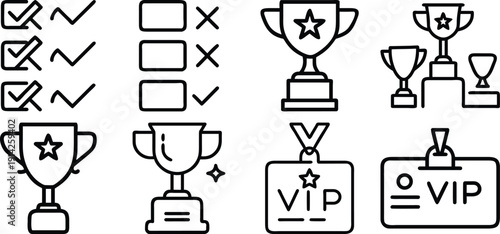 Vip icons set: crown, diamond, star, medal, gift, card in simple black line style
A set of vector black and white medals with ribbons. Sports and gaming awards, including a third-place medal for color