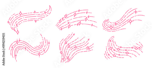 Shiny star swirls. Isolated stardust traces, glowing comets and starry sparkles tails flat vector illustration set. Hand drawn shine stardust swirl collection