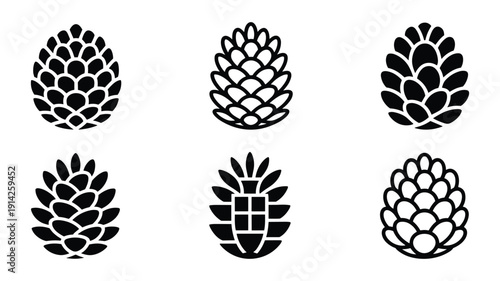 Six stylized pine cone in black and white with varying detail and outline styles nature forest
