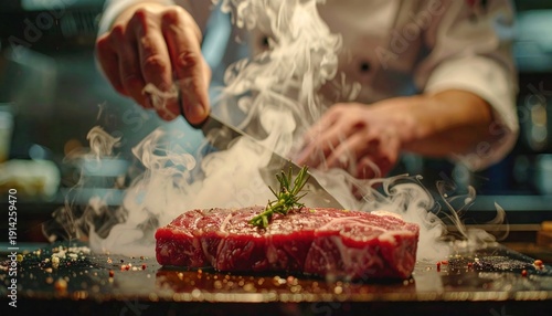 Chef Seasoning Steak with Spices and Herbs.