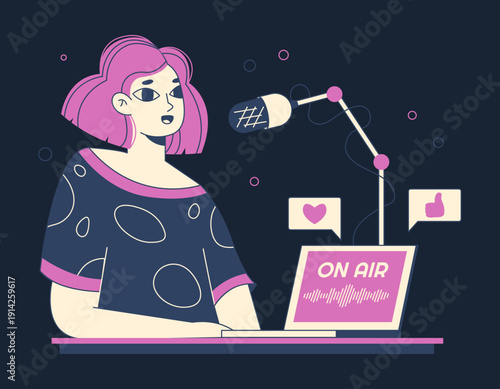 Woman recording podcast. Radio broadcast host, interview talk or podcast record, audio talk show flat vector illustration. Cartoon radio host character