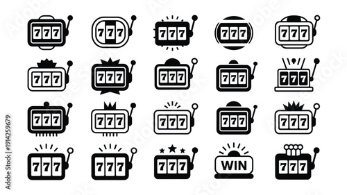 Collection of keywords: black and white slot machine with triple sevens and win text gambling casino