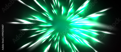 Bright green explosion radiates outward. Sharp light streaks emanate from central point against black background. Energetic visual effect.