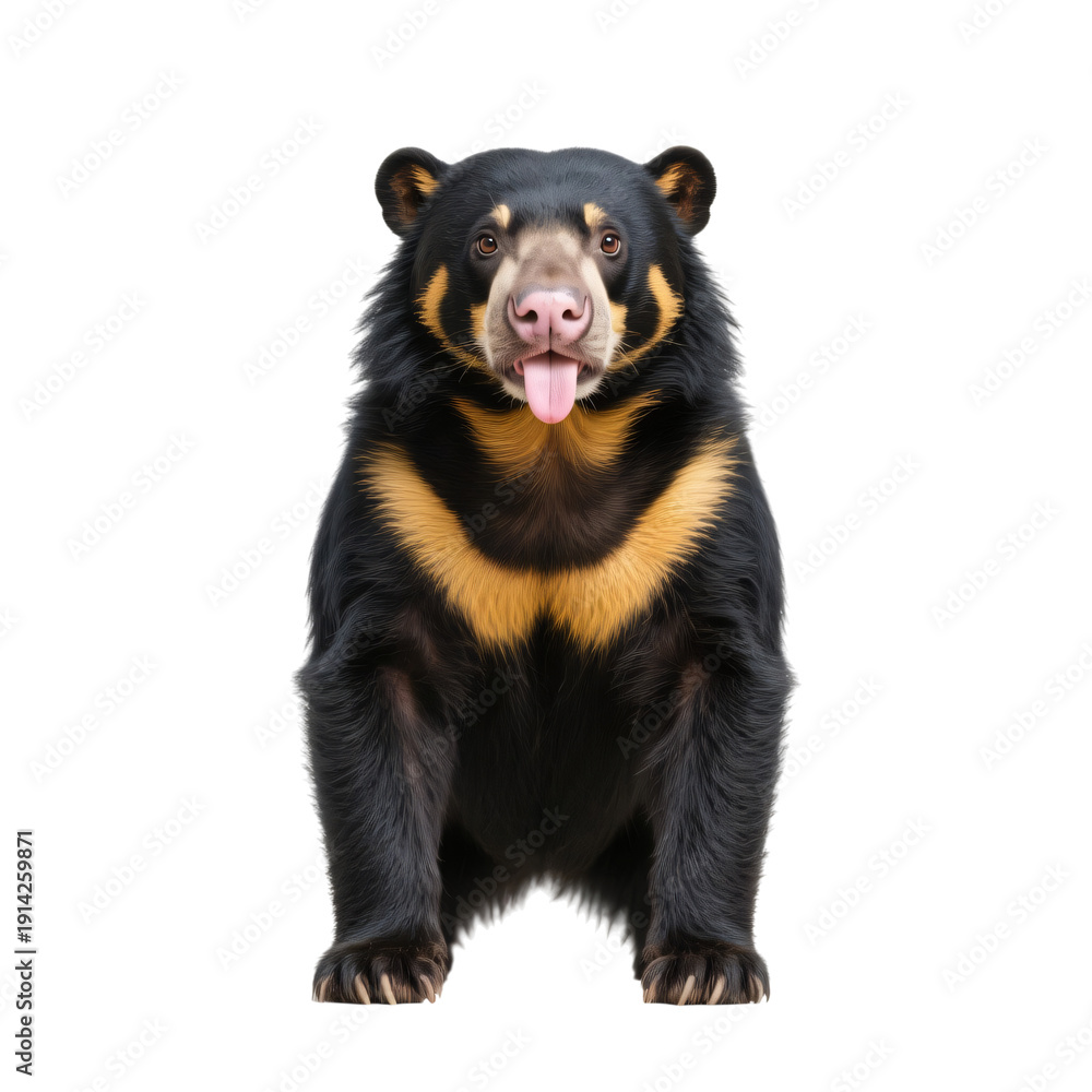 Obraz premium A standing sun bear with distinctive markings on its chest and face. isolated on transparent background