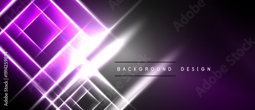 Abstract purple neon light streaks form geometric patterns over dark background. Bright center radiates energy, modern design element.