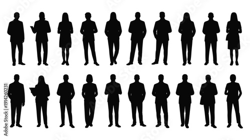 Collection of keywords: black silhouettes of men and women standing against a white background people