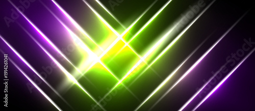 Abstract neon lights converge. Vibrant purple, green, yellow hues create dynamic visual effect. Dark background emphasizes bright lines.
