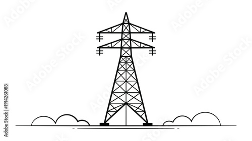 Keywords: Black and white of a pylon structure with clouds and ground line electricity power transmission