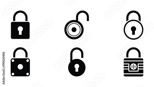 Set of six black and white depicting different types of padlocks in locked and unlocked states