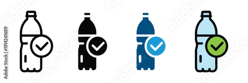 Plastic water bottle with check mark icon vector. Hydration symbol for clean drinking water, verified beverage quality, and mineral water packaging set. Vector illustration.