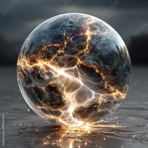 Glowing sphere with intricate light patterns and dark textures, emitting sparks reflective surface, creating mysterious and futuristic atmosphere