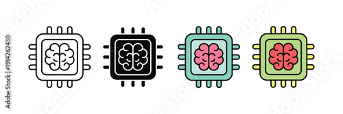 AI microchip brain processor icon vector. Machine learning symbol for artificial intelligence, computer hardware, and digital neural network set. Vector illustration.
