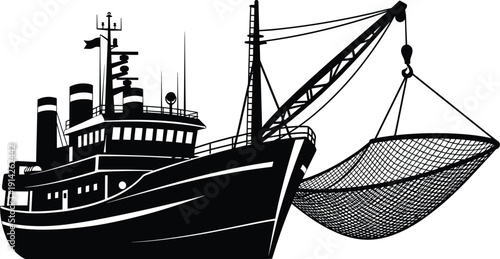 “Silhouette illustration of industrial fishing trawler with crane hoisting net symbolizing commercial fishing, maritime industry, and artistic representation”