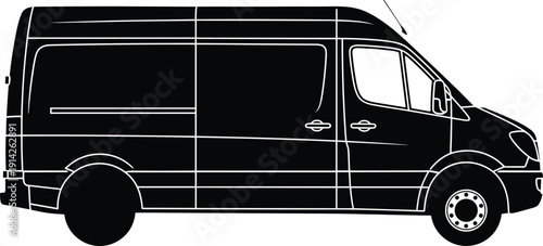 “Black and white silhouette illustration of cargo van with high roof and extended body symbolizing transport, fleet management, and artistic representation”