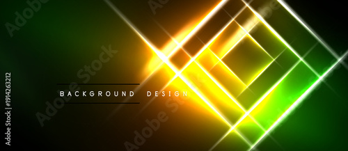 Vibrant neon lines create abstract geometric shapes. Gradient transitions from green to yellow dominate design. Dark background enhances luminosity.
