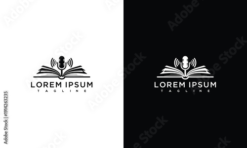 Podcast Audiobook Logo Design Open Book Microphone Wings for Education  Learning.