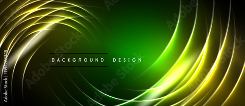 Abstract neon lines swirl over dark green backdrop. Bright yellow curves create dynamic visual effect. Text reads background design.