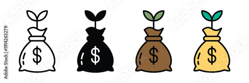 Money bag with sprout icon vector. Finance symbol for investment growth, wealth savings, capital funding, and business profit set. Vector illustration.