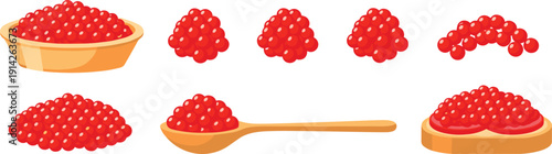 Red Caviar Vector Set with Salmon Roe in Bowl Spoon and Sandwich Isolated Luxury Seafood Delicacy for Restaurant Menu and Gourmet Food Design.
