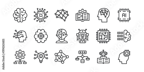 Artificial intelligence and technology icons with brains and circuits