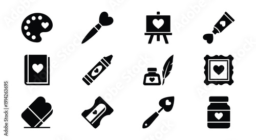 Art and craft supplies vector icons with heart accents for creative projects