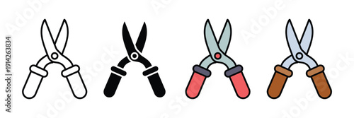 Garden shears and pruning scissors icon vector. Gardening tool symbol for landscaping, branch trimming, and floristry maintenance set. Vector illustration.
